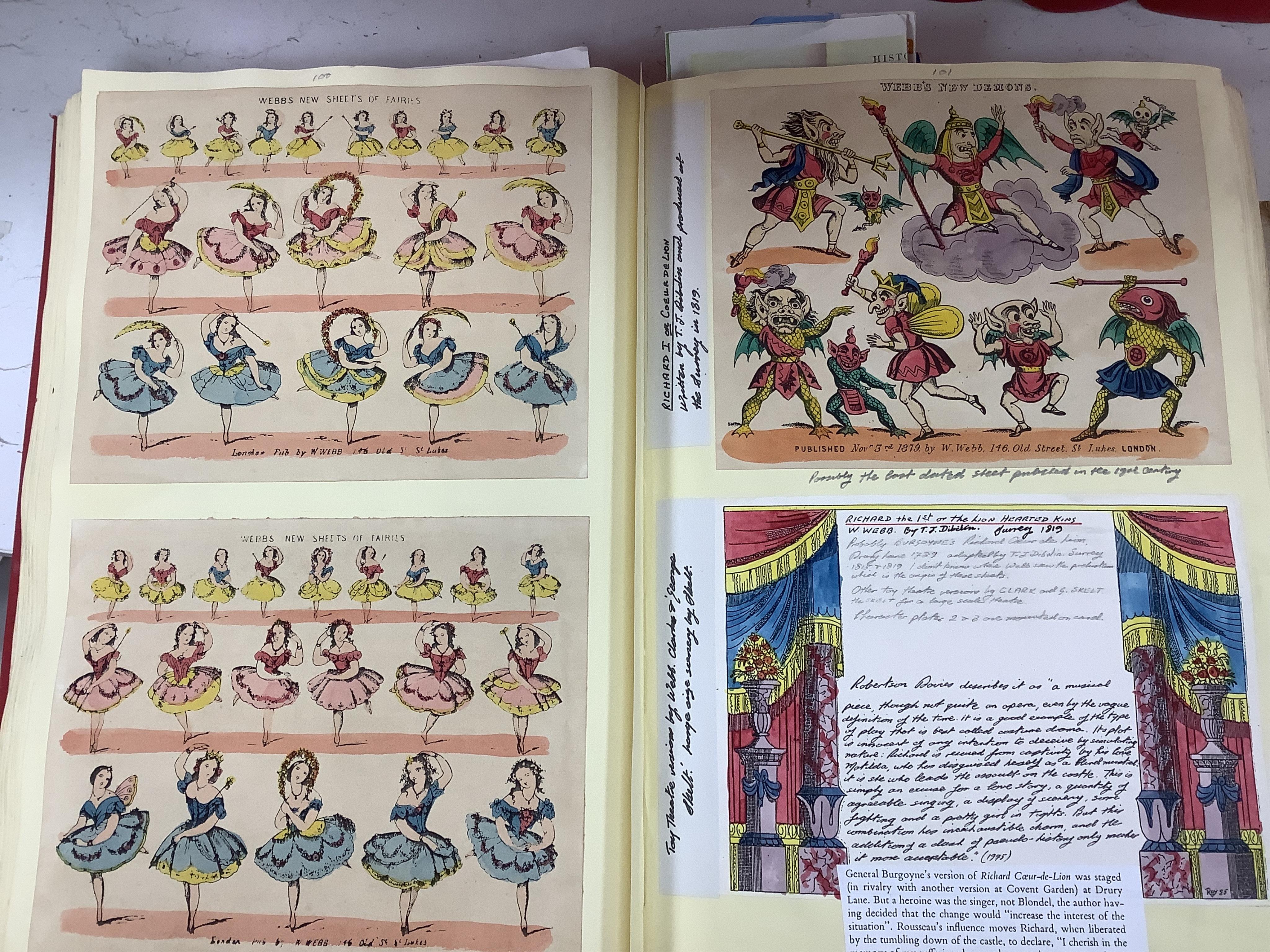 Juvenile dramas, toy theatre archive, including Webb, H. Matthews, Jack Yeats, W. Webb, J. K. Green, Keen and co-, West, O. Hodgson, Packets Gage, hand coloured large scenes, characters, scenes portraits etc. pasted in n